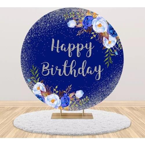 Mocsicka Round Circle Glitter Happy Birthday Backdrop Photography Floral Rose Women Birthday Party Photo Background Table Cover