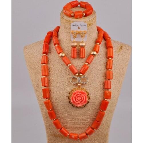 Latest Orange Nigerian Coral Beads African Wedding Necklace Women Bridal Jewelry Sets 2R-A-02