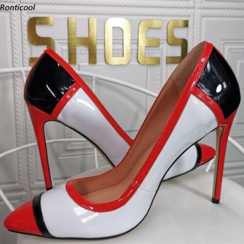 Ronticool New Arrival Handmade Women Pumps Patent Leather Stiletto Heel Pointed Toe Beautiful Dress Shoes US Plus Size 5-15