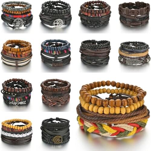New Trendy Retro 4pcs/Set Bracelets & Bangles Mens Multilayer Black Leather Jewelry Charm Pulseiras Boyfriend Wristband