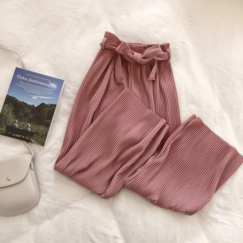 Autumn Wide Leg Pants Women Casual High Waist Pants with Bow Belt 2021 New Pleated Pant Trousers Femme