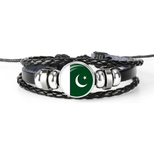 PAKISTAN INDIA MALDIVES BHUTAN South Asia National Flag Braided Mens Leather Bracelet Glass Cabochon Charm Multilayer Women