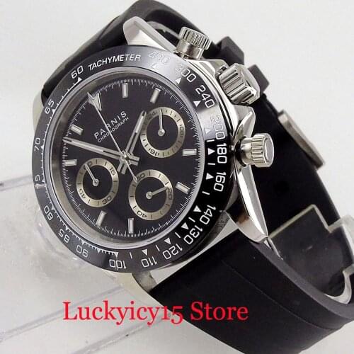 PARNIS High Quality Chronograph Function Quartz Mens Watch Rubber Strap 39mm Polished Case