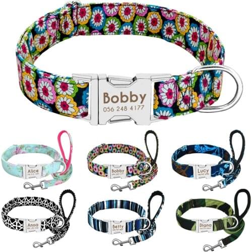 Personalized Dog Collar Leash Nylon Print Small Dog Collars and Lead for Small Medium Large Pet Pitbull German Shepherd Puppy