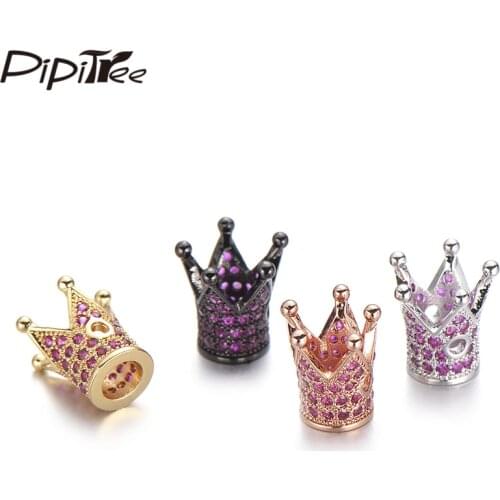 Pipitree Trendy Pink Blue Green CZ Zircon Crown Beads Charms DIY Spacer Beads for Bracelet Jewelry Making Copper Accessories