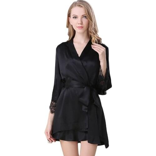 2021 new Ladies' 100% mulberry silk mid-length sexy sling bathrobe pajamas two-piece set
