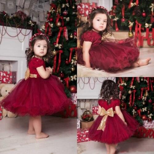 Vintage Wine Red Baby Dress Little Princess Gown Infant 1 Year Birthday Dress Christmas Party Dress Kids Clothes