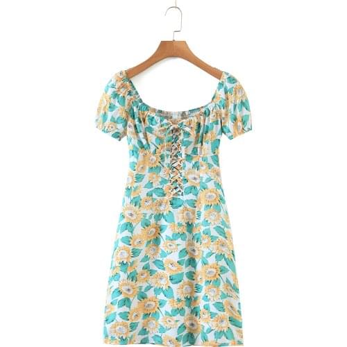 Girls Dress Summer Floarl Print Square Collar Mini Dress Women Short Sleeve Bow Tie Sheath Sweet Mujer Vestidos