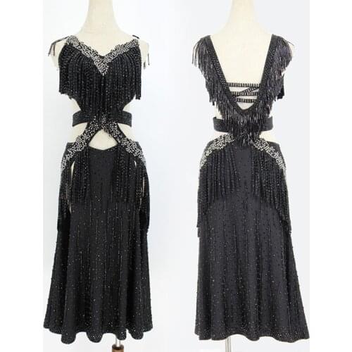 New Latin Dance Dress Rhinestone Fringe Sexy Black Dresses For Women Competition Clothes Kids Performance Dress Prom Wear BL5404