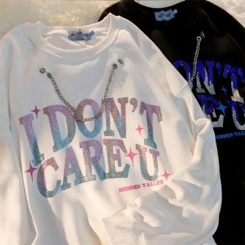 Diamond Letter Printing Pullover With Chain Sweatshirt Women Hoodies Oversized Harajuku O-Neck Loose Long Sleeve Girls Female