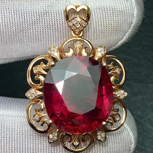 Rubillite Tourmaline Pendant Real 18K Gold Rose 100% Natural Rubillite Tourmaline 14.3ct Gemstones Diamond Pendant Necklace