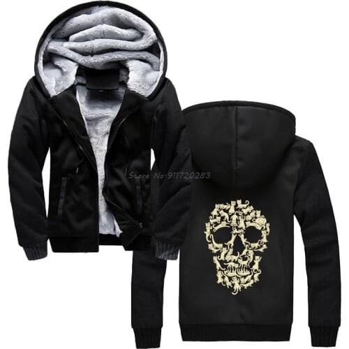 Cat Skull Hoodie Parody Cute Kitties Creat Design Animals Lovers Funny Men Hoodies Winter Thick Hooded Sweatshirt Streetwear