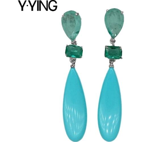Y.YING Green Color Crystal pave Blue Turquoises teardrop Stud Earrings ethnic style for women