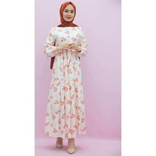 Full Closed Muslim Women Hijab Flower Textured Hijab Dress Orange