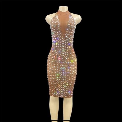 ZD Sparkly Silver Crystals See Through Sleeveless Brown Dress Prom Party Mesh Evening Outfit Dance Birthday Celebrate
