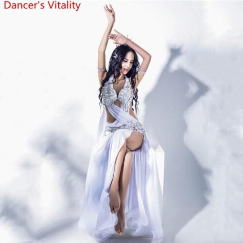 Women Belly Dance Competition Outfits Customized Bead Bra with Robbon Big Hem Skirt Oriental Indian Dancing Performance Costume