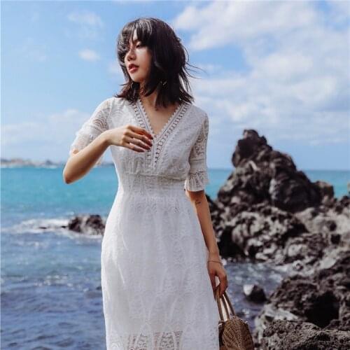 Beach Sexy V Neck Hollow Out White Lace Dress Women New Summer Fashion Design A-Line Office Ladies Work Casual Party Vestidos