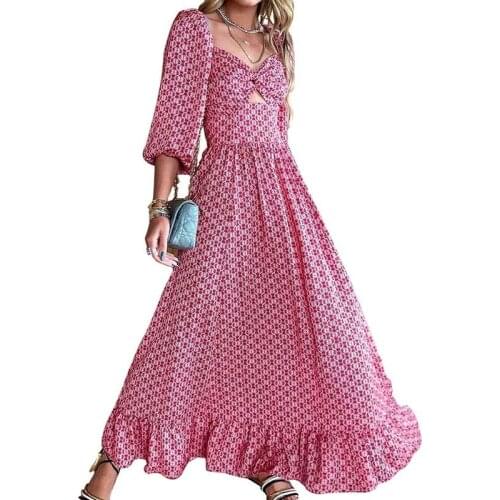 Summer Women Dress Hollow Print Long Sleeve Splice Ruffle Long Maxi Dresses Fashion Beach Vacation Dresses For Women Vestidos