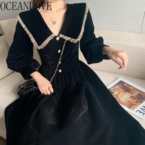OCEANLOVE Evening Party Dress Velvet Patchwork Vintage Autumn Winter Vestidos Korean Peter Pan Collar Puff Sleeve Women Dresses