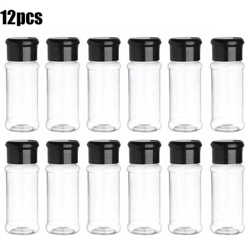 12pcs Kitchen Seasoning Spice Jar Condiment Pepper Salt Storage Container Bottle Black Plastic 100ml Spice Tools