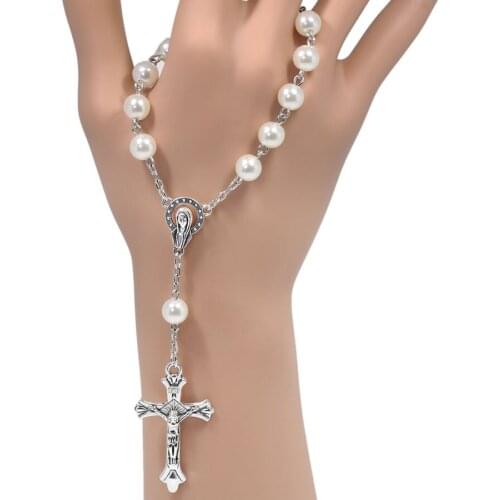 12Pcs/Lot 8MM White Simulated Pearl Beads Religious Catholic Rosary Bracelets Women Wholesale Beaded Bracelet Jewelry