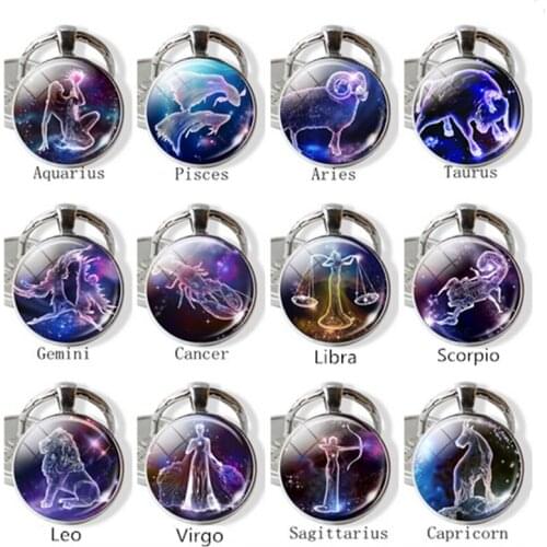 12 Zodiac Signs Glass Dome Constellations Pendant Keychain Fashion Jewelry Women Virgo Cancer Cancer Aries Gemini Birthday Gift