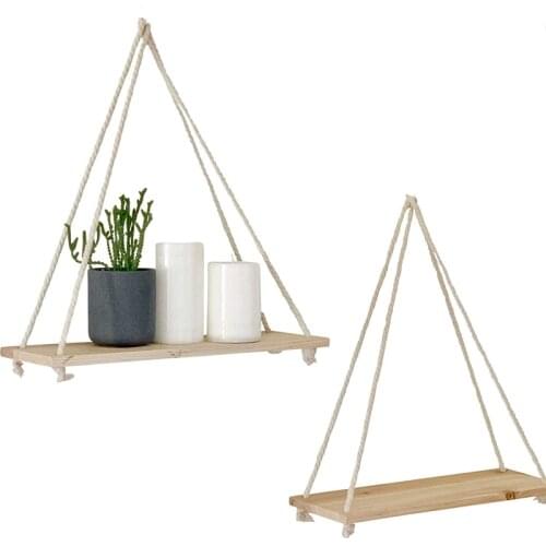 Premium Wood Swing Hanging Floating Shelves with Rope Hook Wall Mounted Plant Flower Pot Stand Wall Decor Shelf
