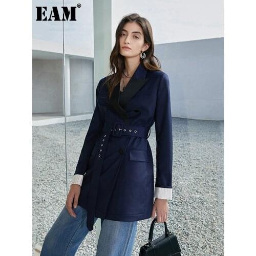 [EAM] Women Temperament Pockets Blue Blazer New Notched Collar Long Sleeve Loose Fit Jacket Fashion Spring Autumn 2021 1DD4422