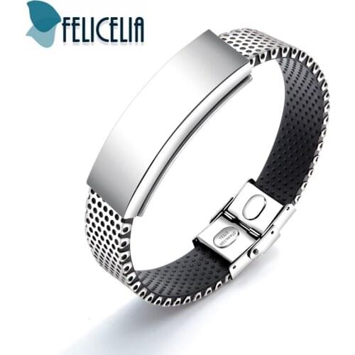 Felicelia Polished Stainless Steel Silicone Wristband Bangle For Men Magnetic Therapy Bracelet Pain Relief for Arthritis