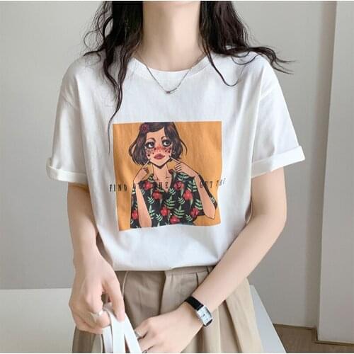 Vintage Print T Shirt Women Short Sleeve Black T-Shirt Womens 2021 Fashion Summer Tops Korean Clothes White Tshirt Tee Shirt Fem