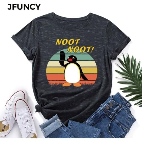 JFUNCY Plus Size Women T-shirt Female Short Sleeve T Shirt Funny Penguin Print Tops Woman Loose Shirts Summer Cotton Clothes
