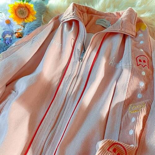 Vintage womens cargo jacket hip-hop casual loose autumn Korean polo collar baseball uniform Harajuku kawaii zipper outerwear