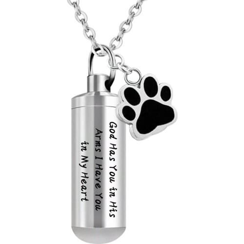 Stainless Steel Cylinder Cremation Urn Necklace for Ashes Memorial Keepsake Pendant with Paw Print Black Pet Remembrance Jewelry