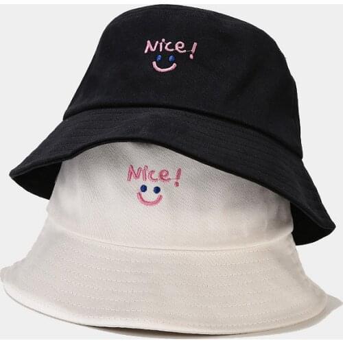 New Bucket Hat Cotton Smiley Face Letter Embroidery Fisherman Hat for Women and Men Leisure Sun Protection Hat Couples Bob Hat