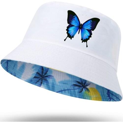 Blue Butterfly Harajuku Print Men Women Bucket Hat Outdoor Sunscreen Beach Cap Fisherman Hat Sun Hiking Fishing Cap
