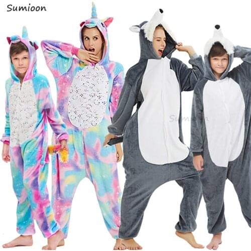 Kigurumi Unicorn Pajama Animal Onesie for Women Men Sleepwear Adult Cartoon Wolf Cospaly Winter Pyjamas Baby Panda Overalls Kids