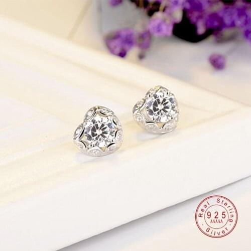 Romantic Shining White Zirconia Heart-shaped Stud Earrings For Women Silver Color Filled Bridal Engagement Jewelry Gifts
