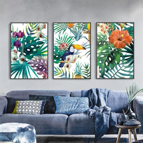 Modern Watercolor Canvas Wall Art Rainforest Plants Bird Painting Tropical Leaves Wall Pictures Home Decoration Natural Artwork