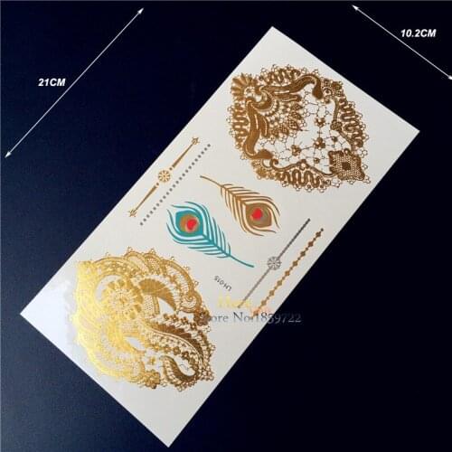 1PC Dazzling Arm Hand Flower Tattoos HGLH15 Gold Metallic Lace Henna Tattoo Peacock Feather Waterproof Temporary Tattoo Stickers
