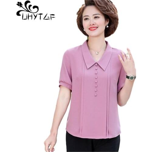 UHYTGF Fashion Chiffon Summer Blouses Women Short Sleeve Pullover Loose 5XL Plus Size Top Solid Wild Elegant Female T-Shirt 1300
