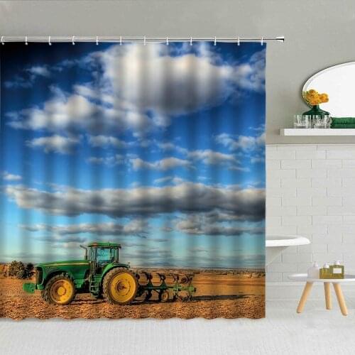 Farm Pastoral Scenery Shower Curtain Tractor Land Blue Sky White Clouds Landscape Waterproof Fabric Bathroom Decor Curtains Set