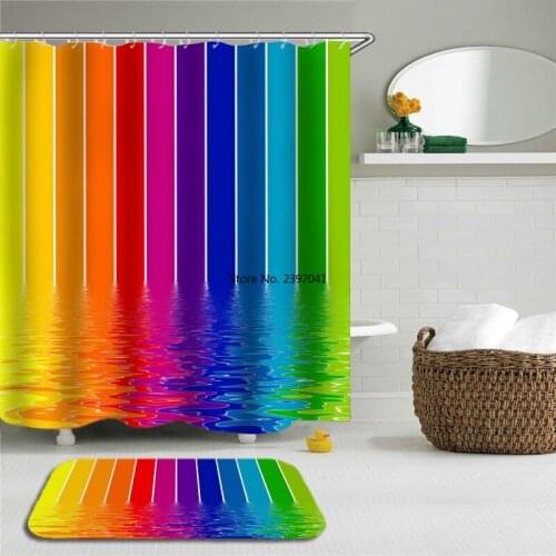 Colorful Rainbow Stripes Bath Curtain Set Waterproof Shower Curtain 3d Print Polyester Bathroom Non-slip Floor Mat Bath Curtain