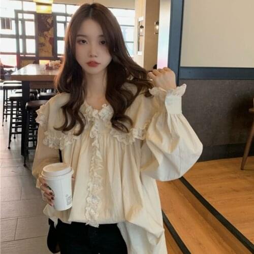 Women Blouse Doll Leader Autumn Winter Splicing Lace Top Blusas Ropa De Mujer