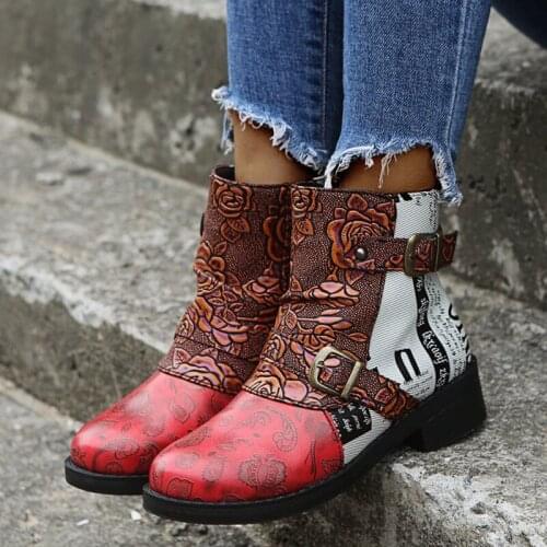 Embossed Boots Rose Leather Splicing Low Heel Ankle Boots Elegant Ladies Shoes Women Belt Buckle Boot Botas Mujer 2021 Autumn