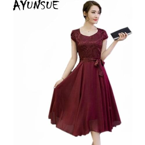 AYUNSUE 2020 Women Elegant Silk Dress Summer Short Sleeve Slim Blue Dresses Vestido Casual Plus Size Women Clothing 4XL WXF642