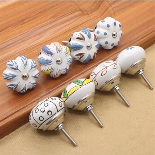 1Pc Ceramic Knob Dresser Knobs White Blue Pupkin Shape Cabinet Pulls Knobs / Unique Kitchen Door Handle Knob Furniture Hardware