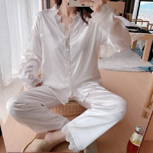 2021 Summer Womens pajamas Long-sleeved Trousers Ladies Pajamas Suit Cardigan Lace ice Faux Silk Sexy Sweet Sleepwear Homewear