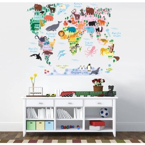 3D Colorful animal World Map Wall Sticker Kids Room Nursery Decoration Vinyl Poster Wall Decals Art Mural Stickers
