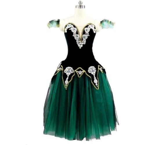 Free Shipping Black Green Gold Romantic Ballet Tutu Long Dress Raymanda Girls Ballerina Professional Performance Stage Costume