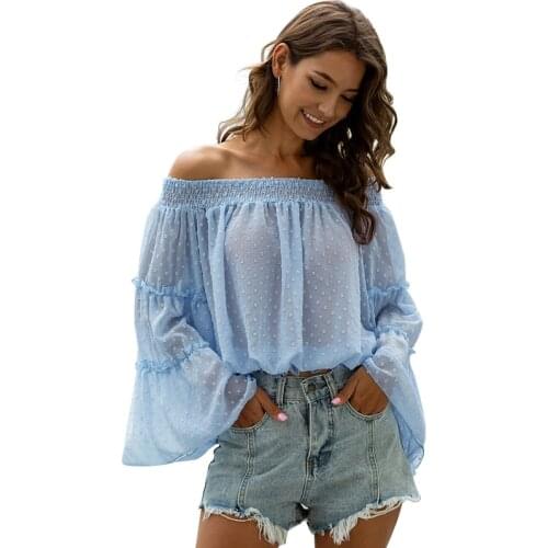 2021 Summer Chiffon Long Sleeve Blouse Women Clothes Off Shoulder Slash Neck Flare Elegant Streetwear Tops Casual Blouses